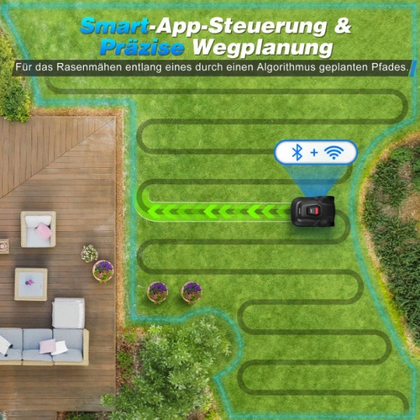 Mähroboter mit 2,4 GHz WiFi-oder Bluetooth-Verbindung, Steuerung über APP-Anwendung, Kantenschneidefunktion, Regenüberwachung, Wasserdicht, Ausgestattet mit Intelligenter Schneidkopfanpassung, 500 m²